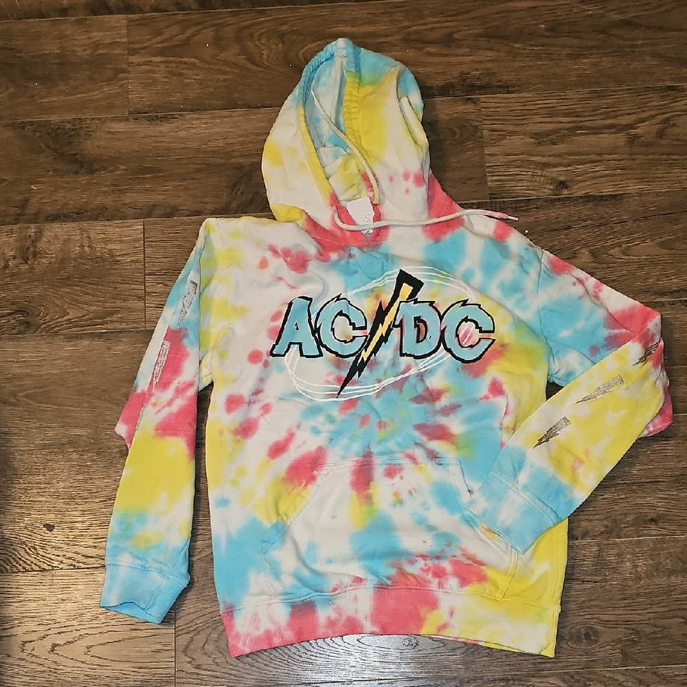 AC/DC Multicolor Neon Tie-Dye Hoodie Hard Music 80s Small Unisex Sweatshirt